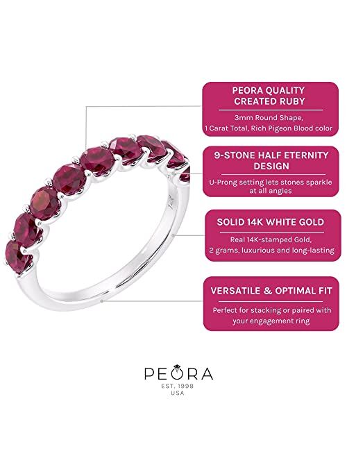 Peora Solid 14K Gold 1 Carat Created Ruby 9-Stone Half Eternity Band for Women, Wedding Anniversary Stackable Ring, Sizes 4 to 10