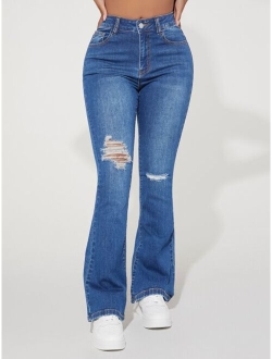 PETITE Ripped Bootcut Leg Jeans