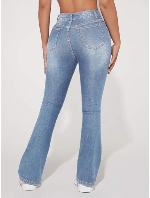 SHEIN PETITE Ripped Bootcut Leg Jeans