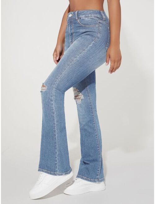 SHEIN PETITE Ripped Bootcut Leg Jeans