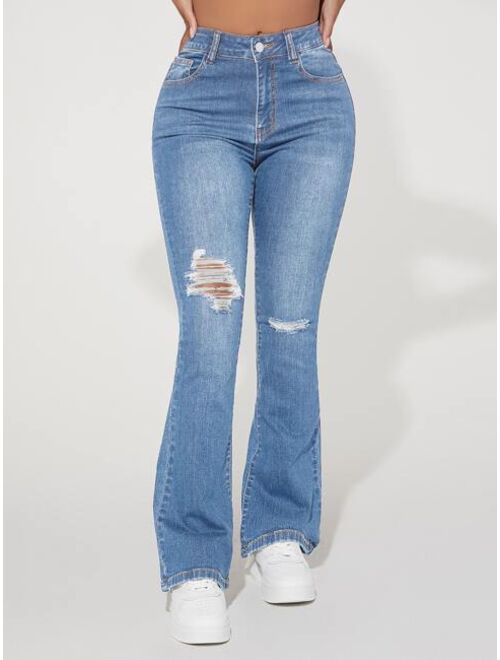 SHEIN PETITE Ripped Bootcut Leg Jeans