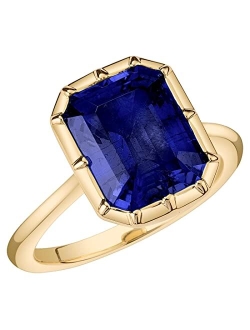 14K Gold Created Blue Sapphire Ring for Women, Bezel Solitaire, 6.50 Carats, 11x9mm Emerald Cut, Sizes 4 to 10