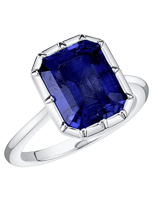 Peora 14K Gold Created Blue Sapphire Ring for Women, Bezel Solitaire, 6.50 Carats, 11x9mm Emerald Cut, Sizes 4 to 10