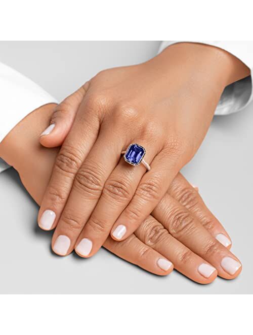 Peora 14K Gold Created Blue Sapphire Ring for Women, Bezel Solitaire, 6.50 Carats, 11x9mm Emerald Cut, Sizes 4 to 10