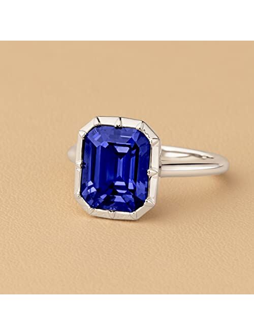 Peora 14K Gold Created Blue Sapphire Ring for Women, Bezel Solitaire, 6.50 Carats, 11x9mm Emerald Cut, Sizes 4 to 10