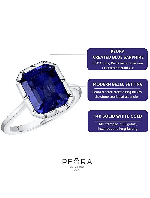 Peora 14K Gold Created Blue Sapphire Ring for Women, Bezel Solitaire, 6.50 Carats, 11x9mm Emerald Cut, Sizes 4 to 10