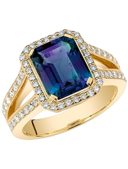 Created Alexandrite with Lab Grown Diamonds Half-Eternity Solitaire Ring for Women 14K White or Yellow Gold, 4.50 Carats Total, Color-Changing 10x8mm Emerald Cut, S