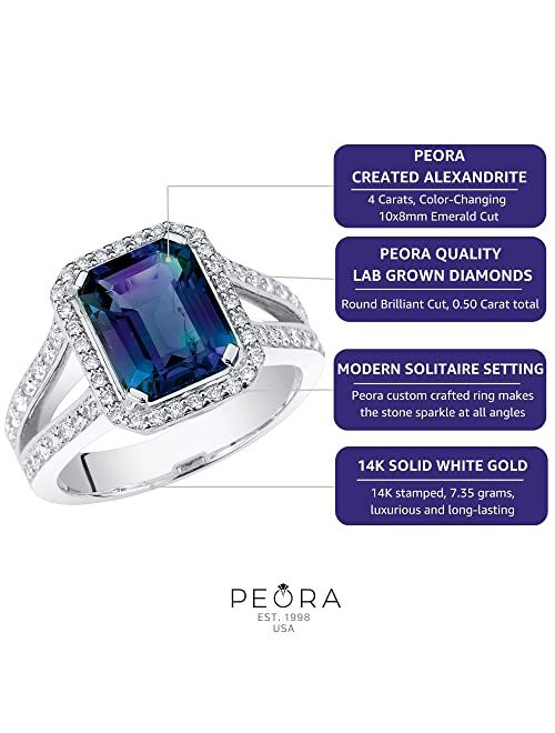 Peora Created Alexandrite with Lab Grown Diamonds Half-Eternity Solitaire Ring for Women 14K White or Yellow Gold, 4.50 Carats Total, Color-Changing 10x8mm Emerald Cut, S