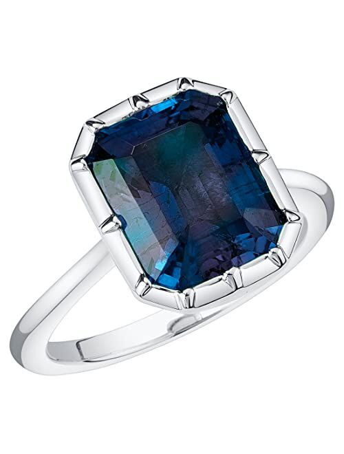 Peora Created Alexandrite Ring for Women 14K White or Yellow Gold, Bezel Solitaire, 5.25 Carats Color-Changing 11x9mm Emerald Cut, Sizes 4 to 10