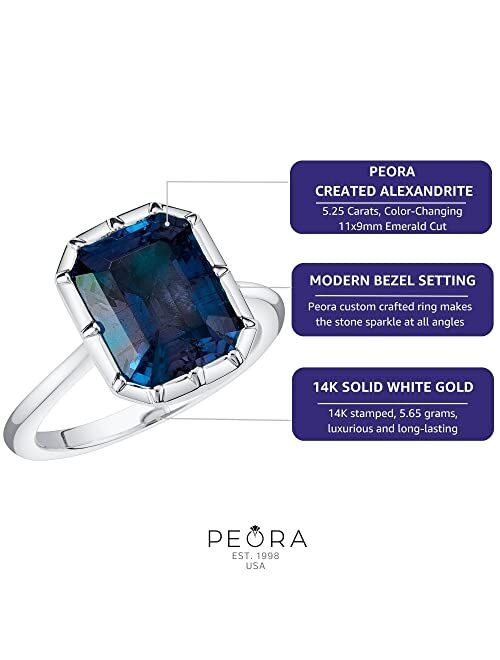 Peora Created Alexandrite Ring for Women 14K White or Yellow Gold, Bezel Solitaire, 5.25 Carats Color-Changing 11x9mm Emerald Cut, Sizes 4 to 10