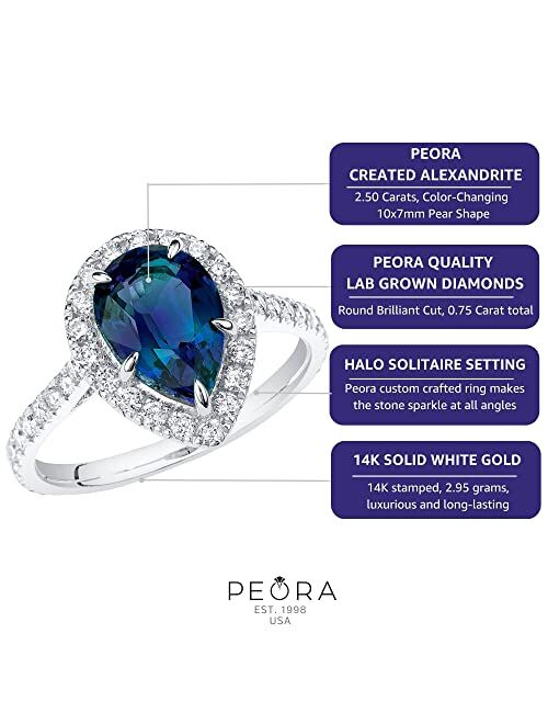 Peora Created Alexandrite with Lab Grown Diamonds 3/4 Eternity Solitaire Engagement Ring for Women 14K White or Yellow Gold, 3.25 Carats Total, Color-Changing 10x7mm Pear