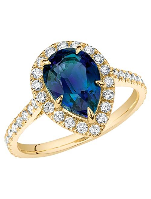 Peora Created Alexandrite with Lab Grown Diamonds 3/4 Eternity Solitaire Engagement Ring for Women 14K White or Yellow Gold, 3.25 Carats Total, Color-Changing 10x7mm Pear