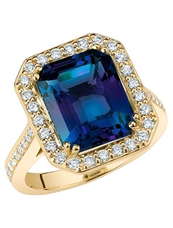 Created Alexandrite with Lab Grown Diamonds Modern Art Deco Ring for Women 14K White or Yellow Gold, 7.75 Carats Total, Color-Changing 12x10mm Emerald Cut, Sizes 4