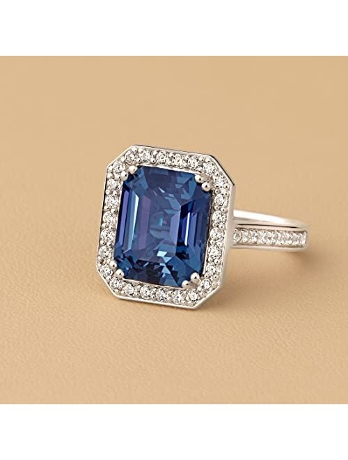 Peora Created Alexandrite with Lab Grown Diamonds Modern Art Deco Ring for Women 14K White or Yellow Gold, 7.75 Carats Total, Color-Changing 12x10mm Emerald Cut, Sizes 4 