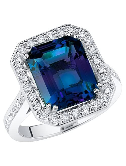 Peora Created Alexandrite with Lab Grown Diamonds Modern Art Deco Ring for Women 14K White or Yellow Gold, 7.75 Carats Total, Color-Changing 12x10mm Emerald Cut, Sizes 4 