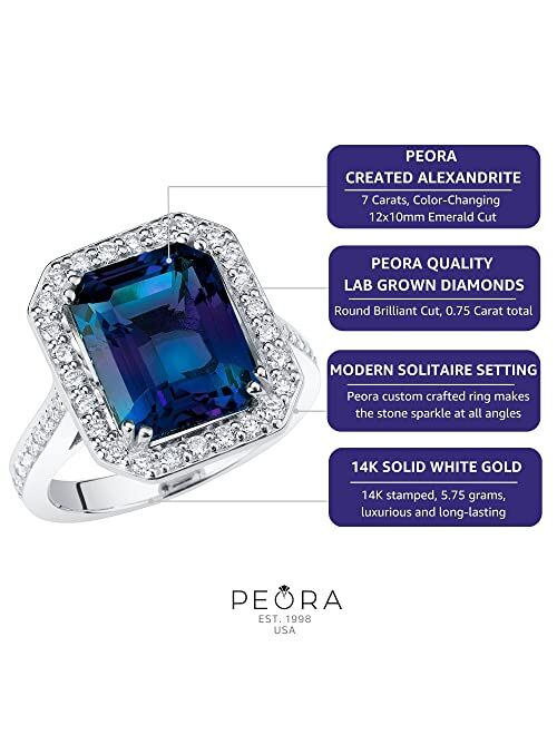 Peora Created Alexandrite with Lab Grown Diamonds Modern Art Deco Ring for Women 14K White or Yellow Gold, 7.75 Carats Total, Color-Changing 12x10mm Emerald Cut, Sizes 4 