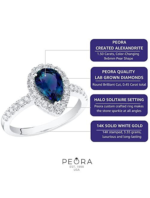 Peora Created Alexandrite with Lab Grown Diamonds Teardrop Engagement Ring for Women 14K White or Yellow Gold, 1.95 Carats Total, Color-Changing 9x6mm Pear Shape, Sizes 4