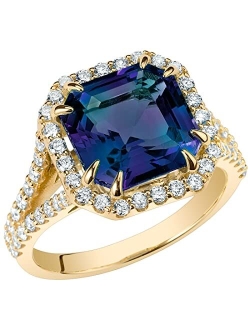 Created Alexandrite with Lab Grown Diamonds Half-Eternity Solitaire Ring for Women 14K White or Yellow Gold, 5.40 Carats Total, Color-Changing 10mm Cushion Cut, Siz