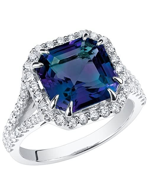 Peora Created Alexandrite with Lab Grown Diamonds Half-Eternity Solitaire Ring for Women 14K White or Yellow Gold, 5.40 Carats Total, Color-Changing 10mm Cushion Cut, Siz