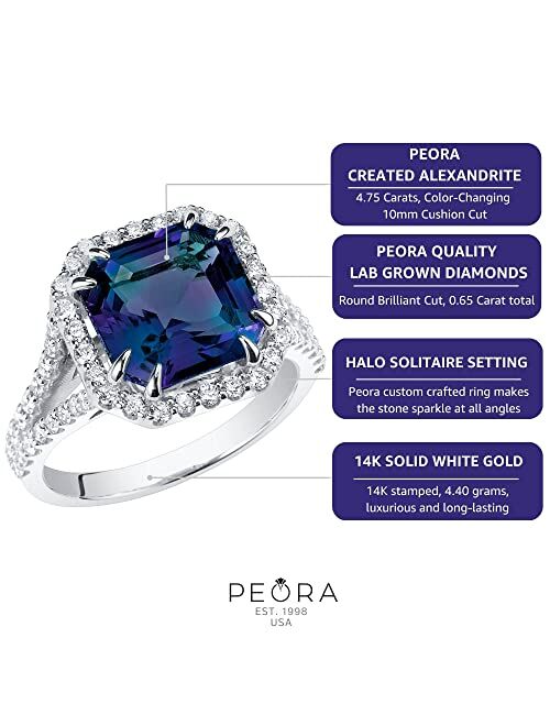 Peora Created Alexandrite with Lab Grown Diamonds Half-Eternity Solitaire Ring for Women 14K White or Yellow Gold, 5.40 Carats Total, Color-Changing 10mm Cushion Cut, Siz