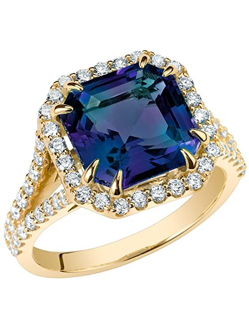 Peora Created Alexandrite with Lab Grown Diamonds Half-Eternity Solitaire Ring for Women 14K White or Yellow Gold, 5.40 Carats Total, Color-Changing 10mm Cushion Cut, Siz