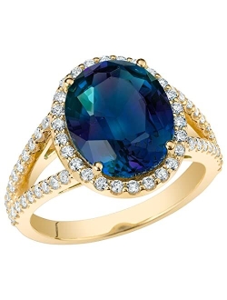 Created Alexandrite with Lab Grown Diamonds Designer Ring for Women 14K White or Yellow Gold, 6.40 Carats Total, Color-Changing 12x10mm Oval Shape, Sizes 4 to 10