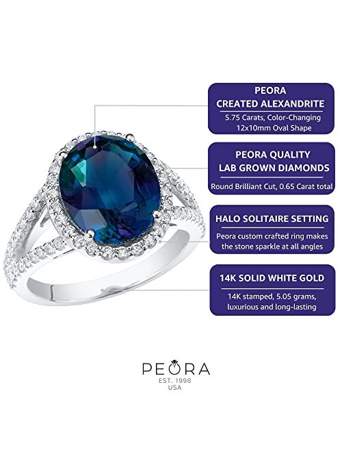 Peora Created Alexandrite with Lab Grown Diamonds Designer Ring for Women 14K White or Yellow Gold, 6.40 Carats Total, Color-Changing 12x10mm Oval Shape, Sizes 4 to 10