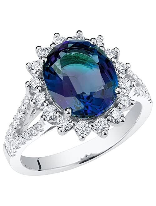 Peora Created Alexandrite with Lab Grown Diamonds Ring for Women 14K White or Yellow Gold, 5.25 Carats Total, Color-Changing 11x9mm Oval Shape, Sizes 4 to 10