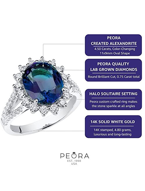 Peora Created Alexandrite with Lab Grown Diamonds Ring for Women 14K White or Yellow Gold, 5.25 Carats Total, Color-Changing 11x9mm Oval Shape, Sizes 4 to 10