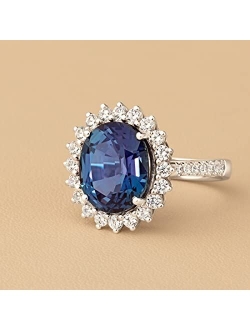 Created Alexandrite with Lab Grown Diamonds Statement Ring for Women Half-Eternity 14K White or Yellow Gold, 6.75 Carats Total, Color-Changing 12x10mm Oval Shape, S
