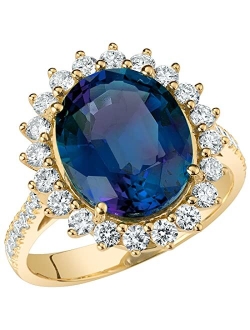 Created Alexandrite with Lab Grown Diamonds Statement Ring for Women Half-Eternity 14K White or Yellow Gold, 6.75 Carats Total, Color-Changing 12x10mm Oval Shape, S