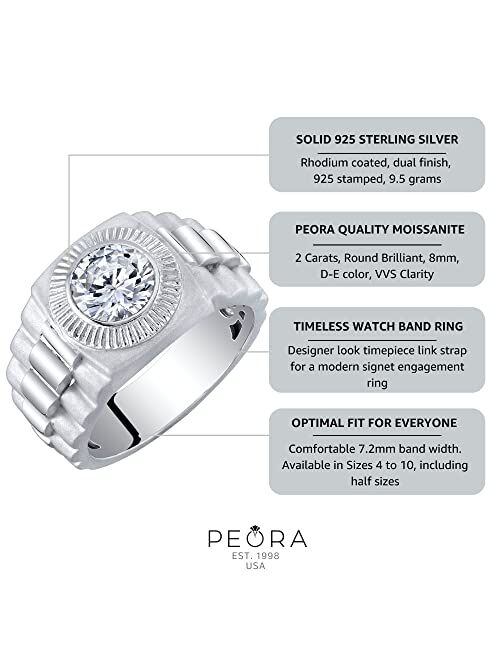 Peora 2 Carats Men's Moissanite Ring, Round Brilliant Cut, D-E Color, VVS, 925 Sterling Silver, Dual Polished, Comfort Fit, Sizes 8 to 14