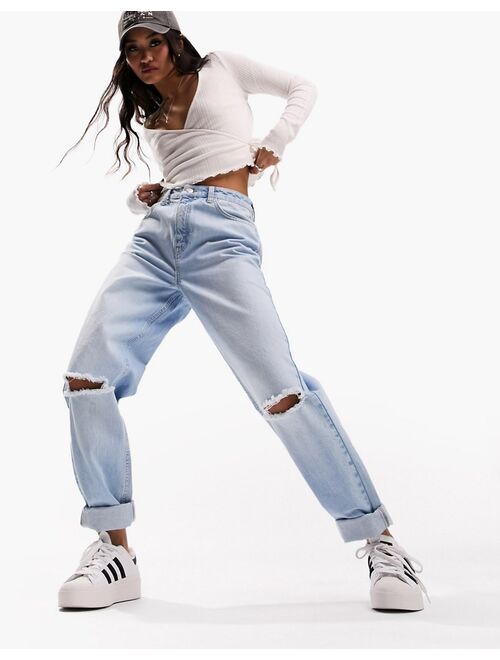 ASOS DESIGN relaxed mom jeans in light blue with knee rips