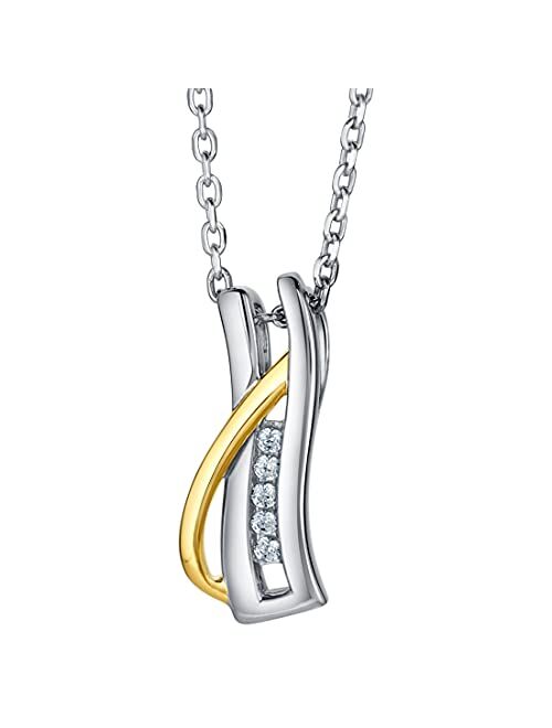 Peora Two-Tone Sterling Silver Ribboned Bar Pendant Necklace with 17 inch Chain + 3 inch extender