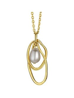 Sterling Silver Interlocking Oval Freshwater Cultured Pearl Drop Pendant Necklace with 17 inch Chain   3 inch extender