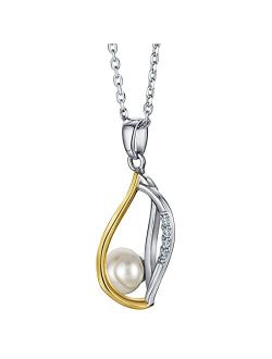 Freshwater Cultured Pearl Teardrop Pendant Necklace in Two-Tone Sterling Silver with 17 inch Chain   3 inch extender