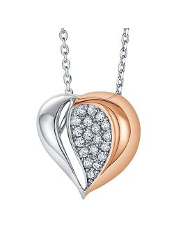 Two-Tone Sterling Silver Embellished Heart Pendant Necklace with 17 inch Chain   3 inch extender