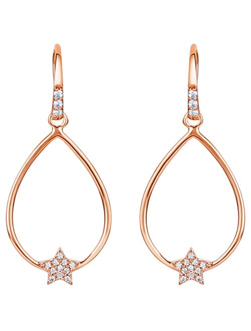 Peora Rose Gold-tone 925 Sterling Silver Floating Star Charm Earrings for Women, Hypoallergenic Fine Jewelry