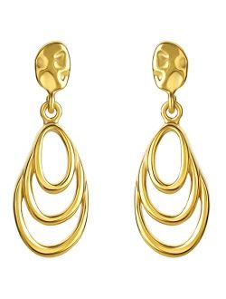 Yellow-Tone 925 Sterling Silver Rippled Teardrop Earrings for Women, Hypoallergenic Fine Jewelry