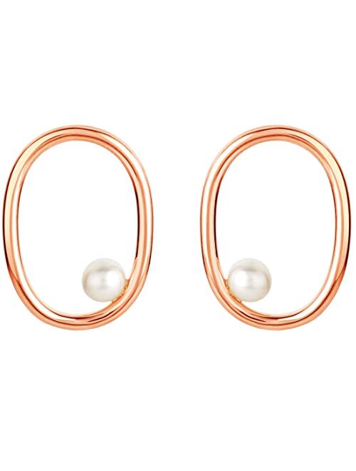 Peora Freshwater Cultured Pearl Gravity Circle Earrings for Women in Rose Gold-tone 925 Sterling Silver, Hypoallergenic Fine Jewelry