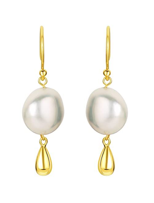 Peora Freshwater Cultured Pearl Dangle Charm Drop Earrings for Women in Yellow-Tone 925 Sterling Silver, Hypoallergenic Fine Jewelry