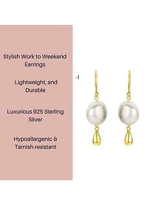 Peora Freshwater Cultured Pearl Dangle Charm Drop Earrings for Women in Yellow-Tone 925 Sterling Silver, Hypoallergenic Fine Jewelry