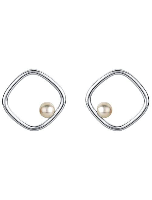 Peora Freshwater Cultured Pearl Gravity Square Earrings for Women in 925 Sterling Silver, Hypoallergenic Fine Jewelry