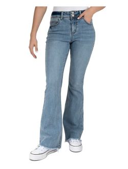 INDIGO REIN Juniors' High-Rise Double-Button Frayed-Hem Flare Jeans