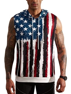 Arvilhill Men's 4th of July American Flag Sleeveless Tank Tops Hooded Patriotic Muscle Shirt