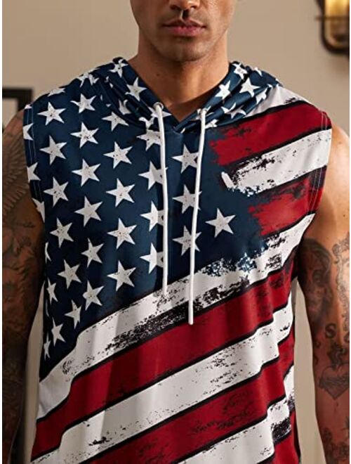 Arvilhill Men's 4th of July American Flag Sleeveless Tank Tops Hooded Patriotic Muscle Shirt