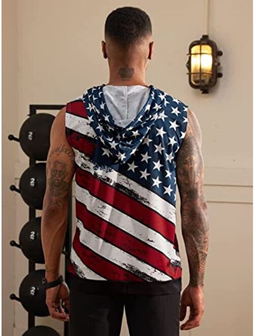 Arvilhill Men's 4th of July American Flag Sleeveless Tank Tops Hooded Patriotic Muscle Shirt