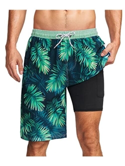 XSKJY Mens Swim Trunks with Compression Liner 9" Swim Trunks Quick Dry Surfing Summer Beach Shorts Swimsuit Sports Shorts