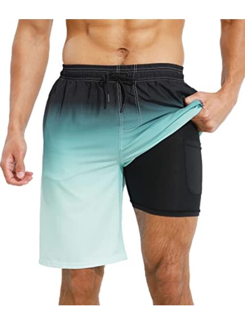 XSKJY Mens Swim Trunks with Compression Liner 9" Swim Trunks Quick Dry Surfing Summer Beach Shorts Swimsuit Sports Shorts