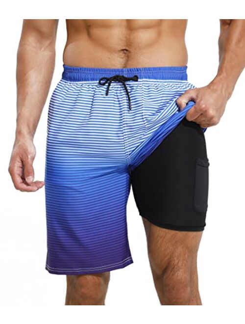 XSKJY Mens Swim Trunks with Compression Liner 9" Swim Trunks Quick Dry Surfing Summer Beach Shorts Swimsuit Sports Shorts